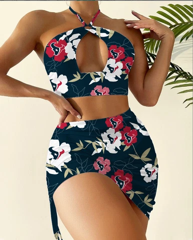 Houston Texans 2PCS Halter Cutout Bikini Set Bathing Suit Skirt Swimsuits Gifts Cover