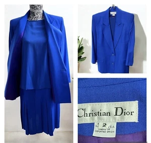 Christian Dior Vintage Womens 3pc Suit Jacket, Blouse Pleated Skirt Blue Size 2 - Picture 1 of 8