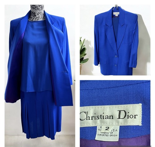 Christian Dior giacca tuta donna vintage 3 pezzi blusa gonna plissettata blu taglia 2