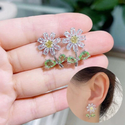 For Women Wedding Silver Stud Earrings Pretty Flower Jewelry Cubic Zirconia - Image 1 of 4