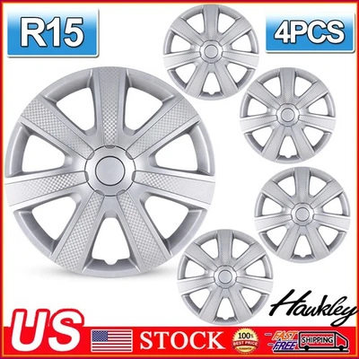Juego de 4 cubiertas de rueda plateadas de 15" tapacubos completos a presión para neumáticos R15 y llantas de acero Foto 1 de 4