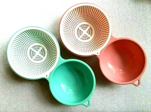 Inomata Preparación Vegetal Doble Cuenco con Colador - Cuencos Rosa y Verde, Japón - Imagen 1 de 7