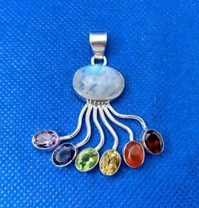 Sterling Silver Moonstone & Rainbow Gemstones 7 Stone Snake Head Chakra Pendant - Picture 1 of 8