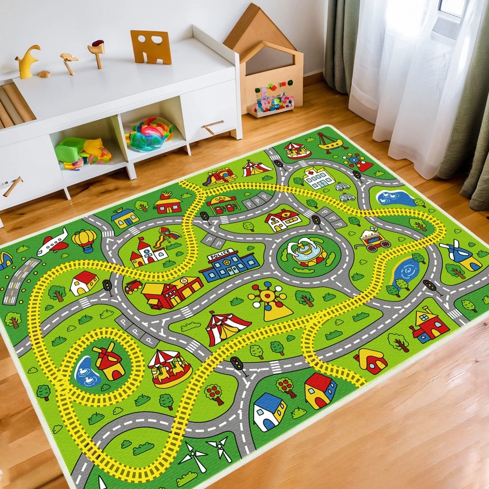 Alfombra para niños Alfombra de coche, Alfombra de pista para coche, Alfombra de juego para niños con carreteras, Lavable y antideslizante Foto 1 de 4