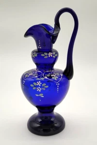 Vintage Cobalt Glass Hand Blown Hand Painted Ewer/Jug Decorative Enamel Florals - Picture 1 of 4