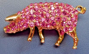 Small Pig Pin Pink Rhinestone & Gold Tone ADORABLE! - Picture 1 of 3
