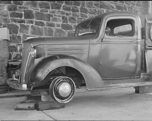 Old Truck on blocks, WWII Tire Shortage, 1942, WW2, New Reproduction Print - Picture 1 of 1
