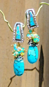 Blue Opal Copper Turquoise Gemstone Briolette Earrings Sterling Silver - Picture 1 of 7