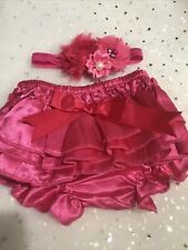 Au Pink Satin BABY BLOOMERS HEADBAND PANTS RUFFLE BUM NAPPY COVER  3-6 Months