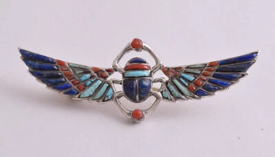 Broche argent scarabée égyptien, renaissance, turquoise, corail rouge, lapis-... - Photo 1/3