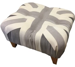 Small Grey Union Jack Footstool / Pouffe / British Made /Light wood Feet - Picture 1 of 3