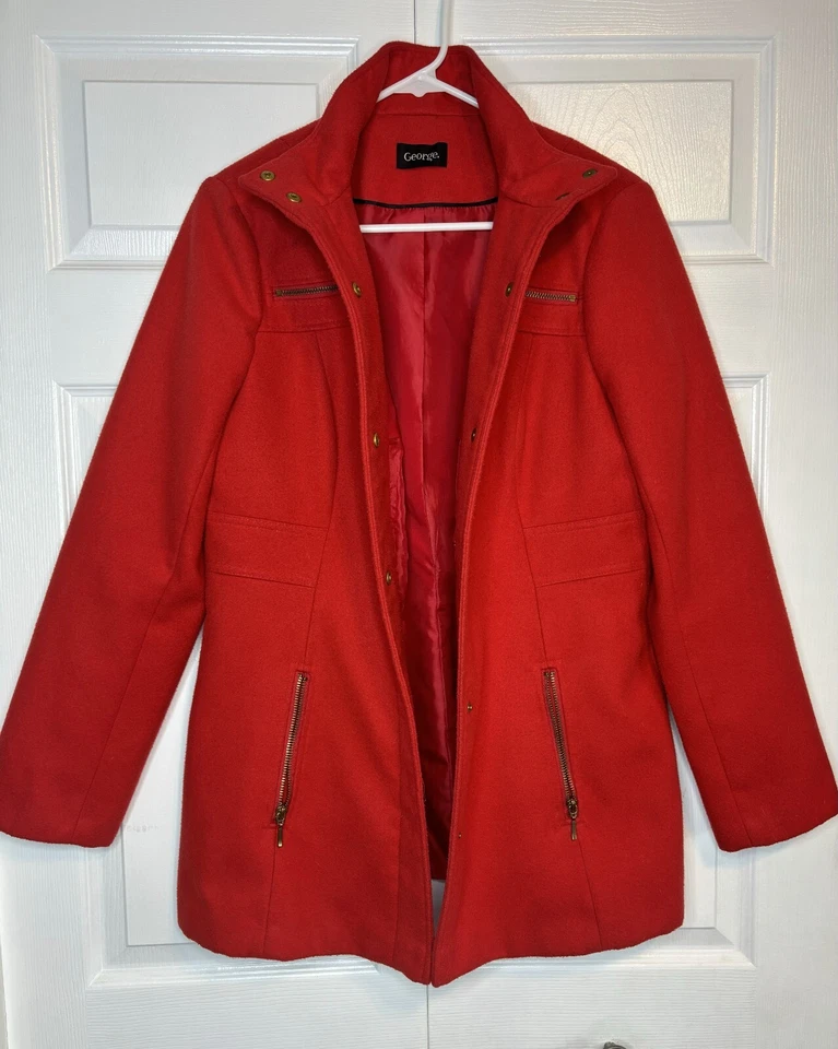 Casaco George feminino tamanho 8 poliéster vermelho elástico manga longa bolsos com zíper - Imagem 1 de 4
