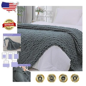 Luxuriously Hand Knitted 80x90 Inch Chunky Knit Throw Blanket in Iron Gray - Picture 1 of 11