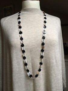 Vintage Beaded Necklace Glass & Pearly Shell Beads Black / Cream 38” no metal