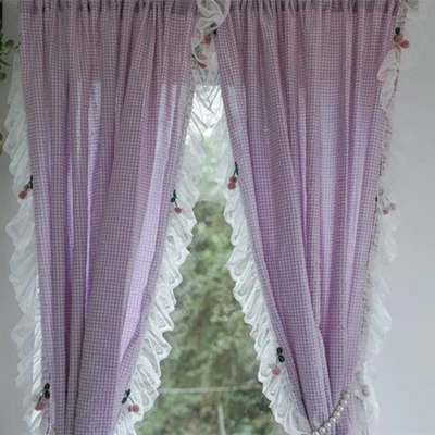 1 Panel Lace Checked Curtains Balcony Short Curtains Rod Pocket Filtering Modern - Image 1 of 4