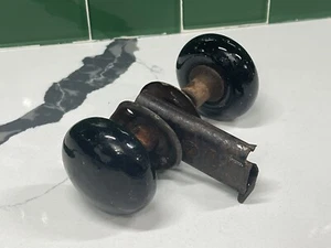 Antique Victorian Jet Black Porcelain and cast Iron Door Knobs - Picture 1 of 6