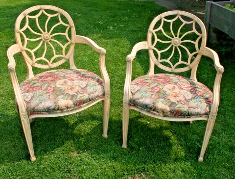 Pair Adam Federal Style Wood Spider Web Back Dining Arm Accent Chairs Set of 2 Cover