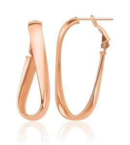 14K Solid Rose Gold 5mm Wavy Oval Omega Clip Back Medium Hoop Earrings - Picture 1 of 6