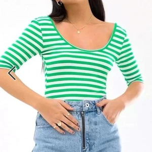 COLLUSION @ ASOS Women’s Green White Stripe Scoop Low Back Bodysuit Top UK 8/10 - Picture 1 of 5