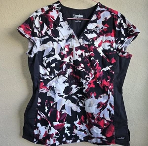 Landau Womens Medium Scrub Top V-Neck Geometric Floral Short Sleeve Pockets - Picture 1 of 7