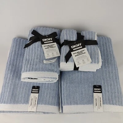 Set of 8 DKNY 2 Bath Towels & 2 Hand Towels & 4 Washcloths Blue White Stripe - Image 1 of 4