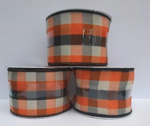 3 Spools Plaid Tan Orange Black Wired Ribbon Celebrate It Halloween Thanksgiving - Picture 1 of 6