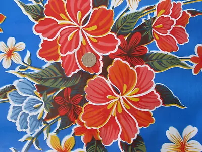 BLUE HIBISCUS VINYL OILCLOTH TABLECLOTHS DINING KITCHEN PATIO 6 SIZE 48x48-108 - Image 1 of 3