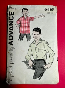 UNCUT Advance 9415 Boys Button-Down Shirt 14 Vintage Sewing Pattern - Picture 1 of 2