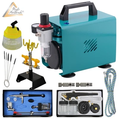 AIRBRUSH KOMPRESSOR KOMPLETT SET AIRBRUSHPISTOLE HALTERUNG CLEANING POT BÜRSTEN - Bild 1 von 4