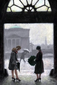 Dos mujeres refugiándose de la lluvia Paul Gustav Fischer pintura póster arte PRUEBA - Imagen 1 de 1