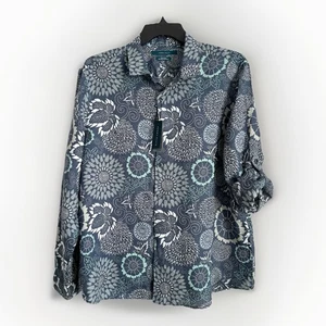 Perry Ellis Mens XL Long Sleeve Floral Shirt 100% Linen Dark Denim - Picture 1 of 4