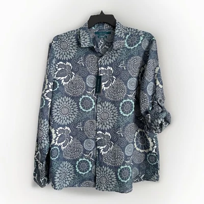 Perry Ellis Mens XL Long Sleeve Floral Shirt 100% Linen Dark Denim - Image 1 of 4