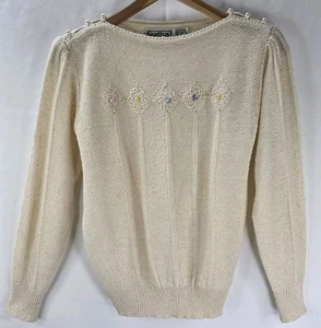 Erika Damen L Strickpullover mit Perlenakzent bestickt beige Landhauskern Vintage - Bild 1 von 11
