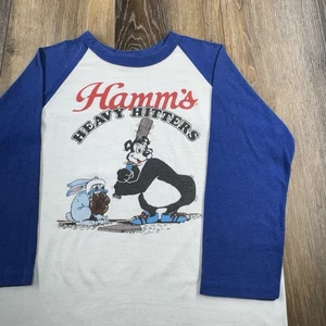 Vintage Hamms Shirt Herren L weiß blau Heavy Hitters Softball Bär Bier Trikot - Bild 1 von 11