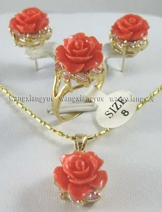 12MM Pink Coral Carved Flower Earrings Ring Necklace Pendant set