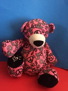 Ganz Justice Heart Peace Sign Be Happy Plush Pink And Black Bear 14" Toy GUC - Picture 1 of 6