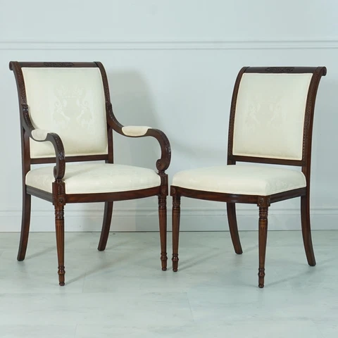 Set of 10 mahogany Regency dining chairs Traditional white damask upholstery Cover