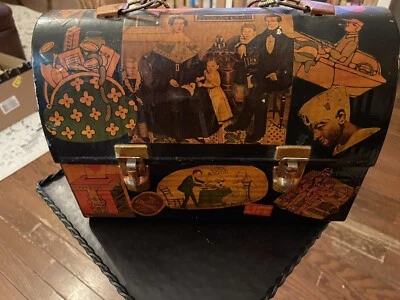 Vintage 1960's MOD era Black Metal Lunch Box Chain Handbag - Decoupaged Art - Image 1 of 4