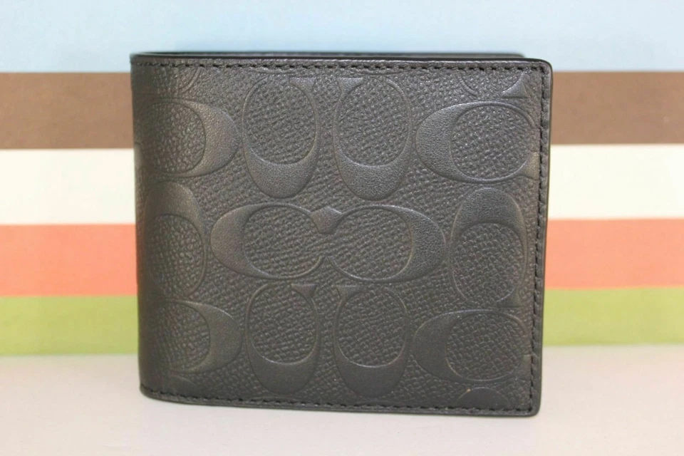 Coach F75371 Men Compact ID 3 in 1 Wallet Bifold Embossed Leather Black