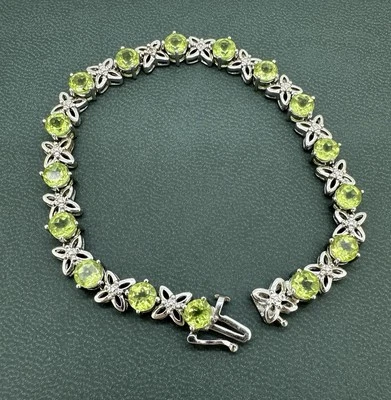 925 Sterling Silver Peridot Round Rhinestone Tennis Bracelet P Star M 7 Inches - Imagem 1 de 4