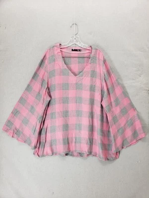 Camisa Max Jeans Para Mujer 2X Rosa Gris Cuadros Manga Acampanada Boho Cuadrado Pullover Top Foto 1 de 4