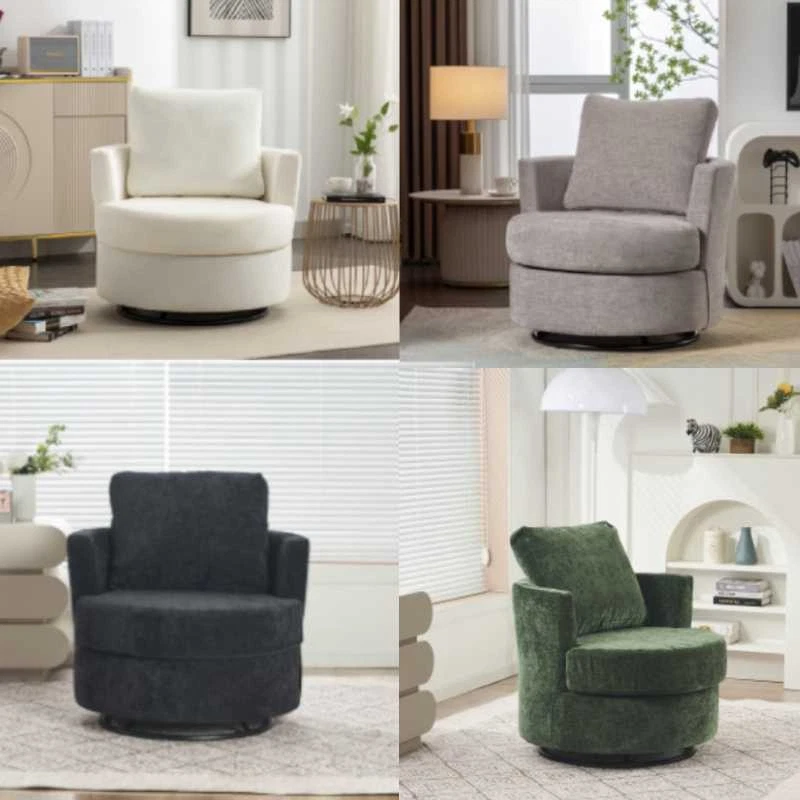 Chenille Swivel Chair, Round Accent Armchair w/ Back Cushion Swivel Barrel Chair