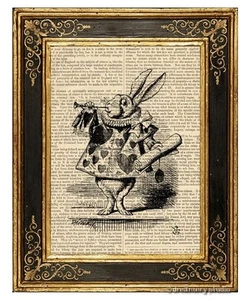 Alicia en el País de las Maravillas Impreso Artístico en Página de Libro De Colección Conejo Blanco con Trompeta - Imagen 1 de 3