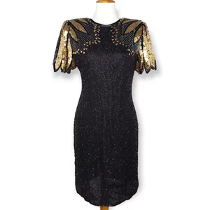 Vtg Laurence Kazar Dress Size Large Silk Beaded Sequin Black Gold Glam 90s - Picture 1 of 12