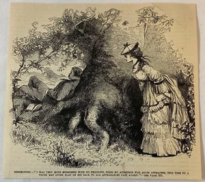 1876 Zeitschriftenstich ~ FRAU SCHAUT UM BAUM BEIM SCHLAFENDEN MANN - Bild 1 von 1