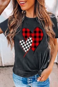 Women’s Sz Large Dk Gray Heather Plaid Heart T-shirt Top Blouse So Comfy & Soft! - Picture 1 of 5