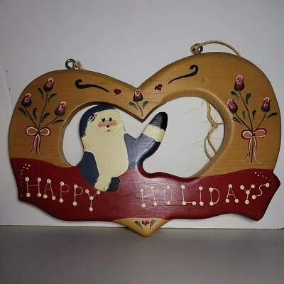 Vtg Hand Painted Happy Holidays Roses Wood Wall Plaque Heart Shaped Country - Image 1 of 4