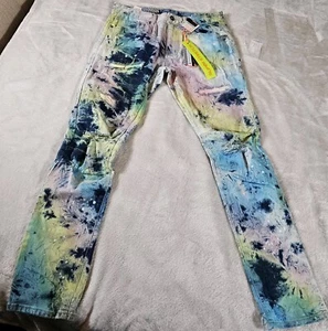 Jeans Smoke Rise Uomo 32x32 Slim Colore Conico Splatter Denim Hip Hop Urban - Foto 1 di 14