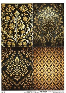Reispapier A4 Strohseide Damast Verzierung Stoff vintage gold schwarz RE0924 - Bild 1 von 1