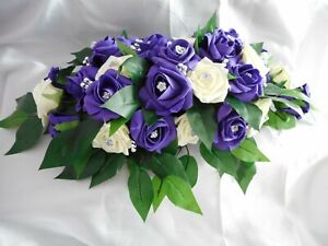 Wedding flowers Cadbury Purple & Ivory top table arrangement display centrepiece